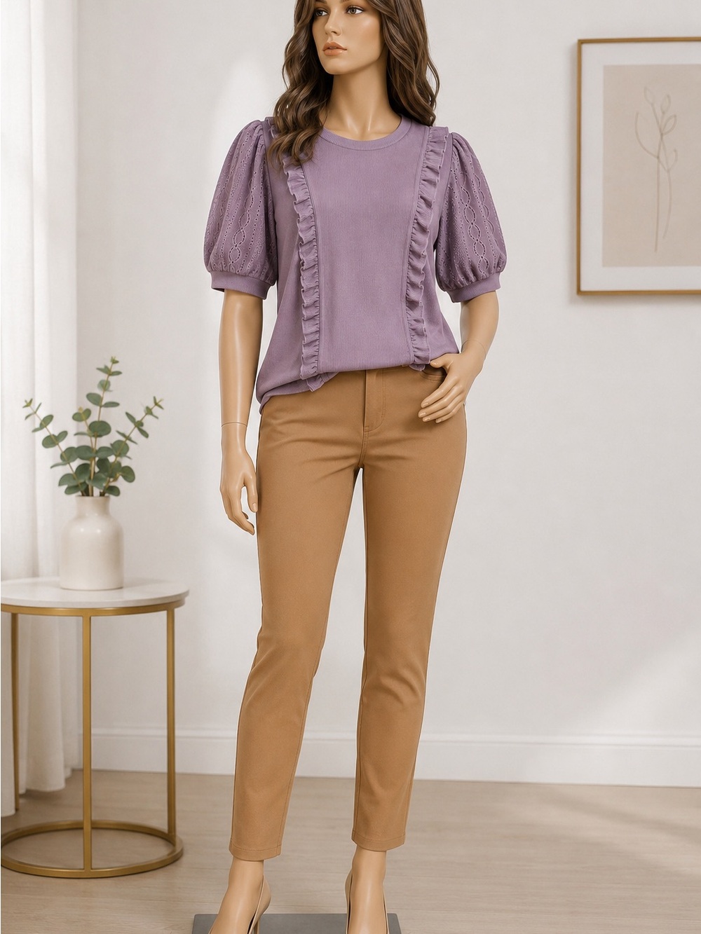 Ava Rose Lavender Ruffle Knit Puff Sleeve Top Size L